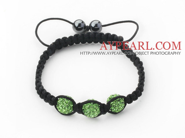 3 Pieces Round Apple Green Rhinestone Ball and Hematite and Black Thread Woven Adjustable Drawstring Bracelets ( Total 3 Pieces Bracelets)