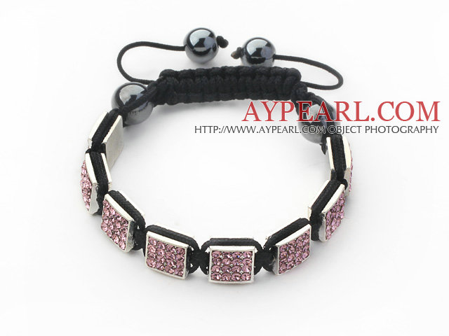 Square Shape Pink Color Rhinestone Sheet and Hematite and Black Thread Woven Adjustable Drawstring Bracelet