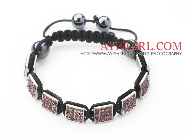 Square Shape Light Purple Color Rhinestone Sheet and Hematite and Black Thread Woven Adjustable Drawstring Bracelet