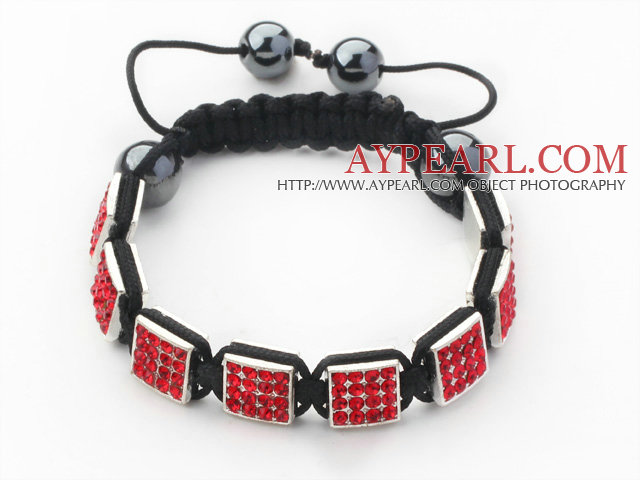 Square Shape Red Color Rhinestone Sheet and Hematite and Black Thread Woven Adjustable Drawstring Bracelet