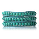 Newly Trendy Design Three Strands Round Blue Turquoise Beads Leather Bracelet
