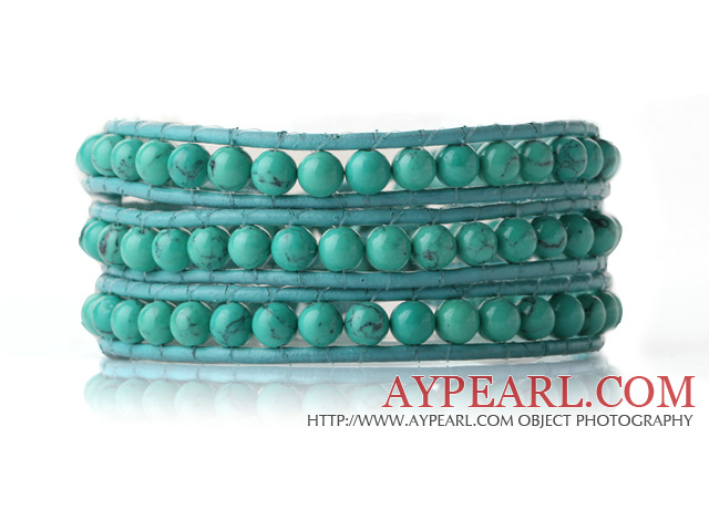 Newly Trendy Design Three Strands Round Blue Turquoise Beads Leather Bracelet