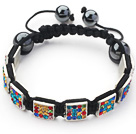 Wholesale Square Shape Multi Color Rhinestone Sheet and Hematite and Black Thread Woven Adjustable Drawstring Bracelet