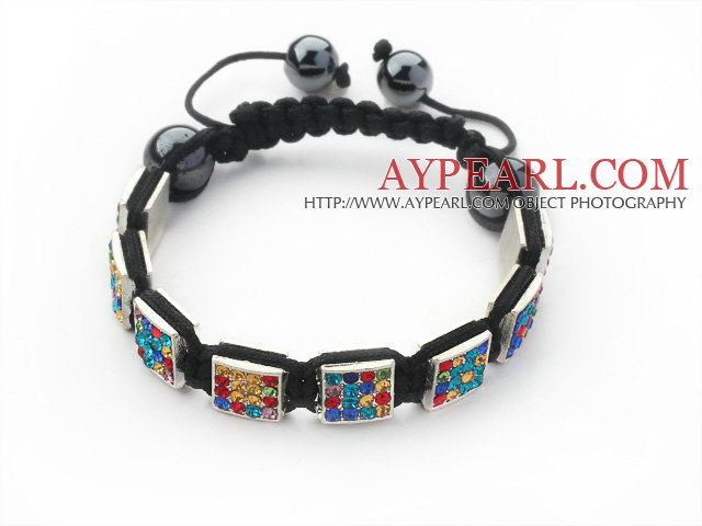 Square Shape Multi Color Rhinestone Sheet and Hematite and Black Thread Woven Adjustable Drawstring Bracelet