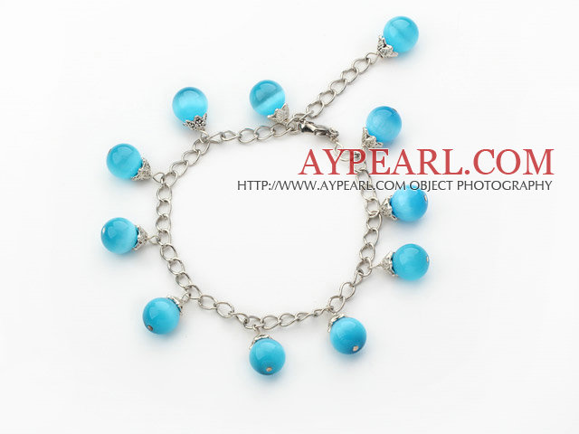 Single Strand Sky Blue Cats Eye Bracelet with Metal Extendable Chain