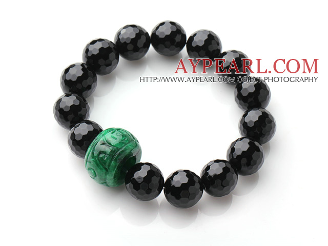 Single Strand A Grade Faceted Black Agate And Drum Shape Green Jade Elastic Bracelet