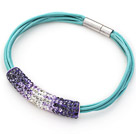 Wholesale Purple and White Tube Shape Rhinestone Bracelet with Blue Leather and Magnetic Clasp