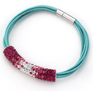 Wholesale Red and White Tube Shape Rhinestone Bracelet with Blue Leather and Magnetic Clasp