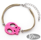 Wholesale 10 Pieces Dyed Hot Pink Turquoise Skull Bracelet with Gray Soft Leather and Extendable Chain