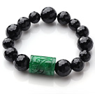 Wholesale Single Strand A Grade Faceted Black Agate And Cylinder Shape Green Jade Elastic Bracelet