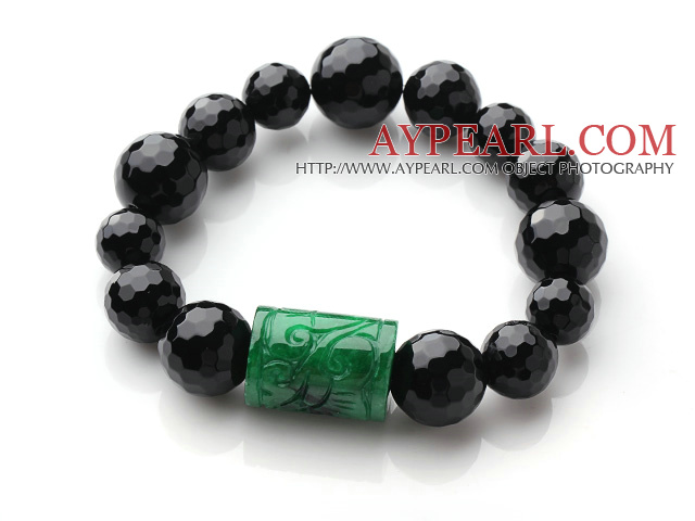 Single Strand A Grade Faceted Black Agate And Cylinder Shape Green Jade Elastic Bracelet