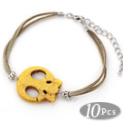 Wholesale 10 Pieces Dyed Yellow Turquoise Skull Bracelet with Gray Soft Leather and Extendable Chain