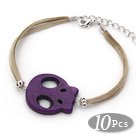 Wholesale 10 Pieces Dyed Dark Purple Turquoise Skull Bracelet with Gray Soft Leather and Extendable Chain