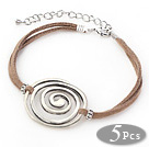 5 Pieces Round Shape Metal Adjustable Leather Bracelets with Brown Thread