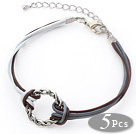 5 Pieces Round Shape Metal Ring Adjustable Leather Bracelets with White and Brown Leather