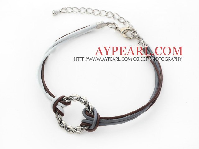 5 Pieces Round Shape Metal Ring Adjustable Leather Bracelets with White and Brown Leather