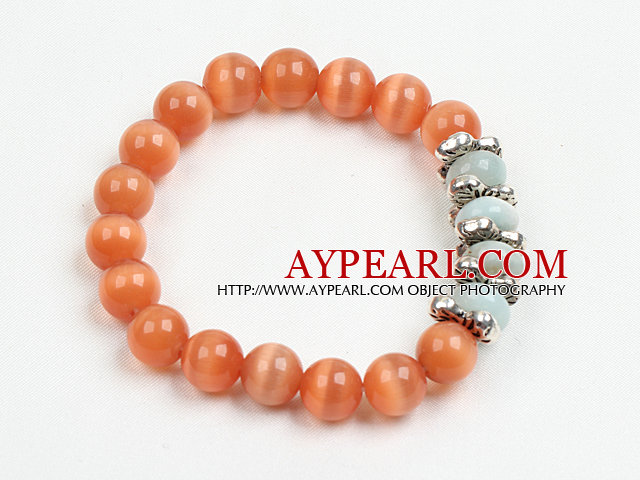 Summer Beach Jewelry Orange Cats Eye Stone And Amazon Stone Beaded Elastic/ Stretch Bracelet