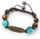 Brown Series Round Tiger Eye and Turquoise Graduated Adjustable Drawstring Bracelet