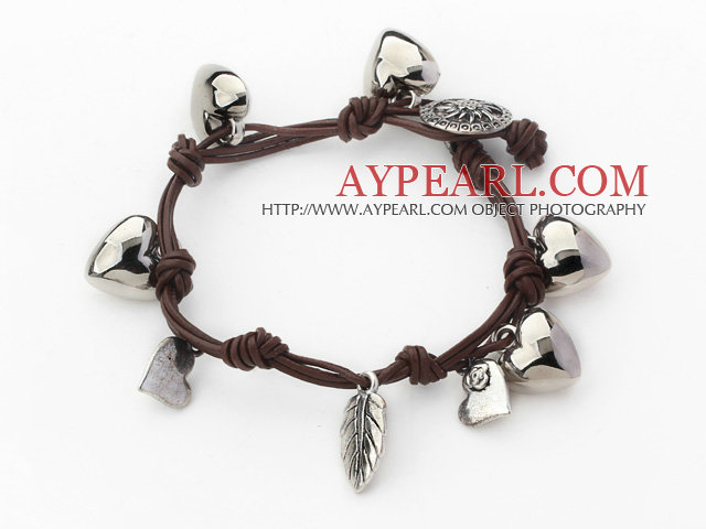 5 Pieces Brown Leather Bracelets with Heart Shape Metal Accessories and Metal Clasp