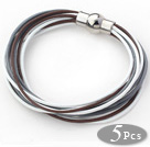 5 Pieces White and Gray and Brown Leather Bracelets with Magnetic Clasp