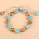 Wholesale Simple Fashion Round Picture Jasper And Blue Jade Elastic Bracelet With Gray Leather Tassel