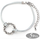 5 Pieces Round Shape Metal Ring Adjustable Leather Bracelets with White Leather