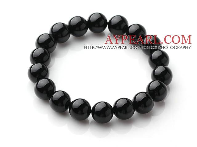 Classic Design Single Strand A Grade 10mm Round Black Agate Beads Elastic Braceelt