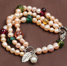 Fashion Three Strand Natural Pink Pearl And Multi Color Crystal Beads Bracelet