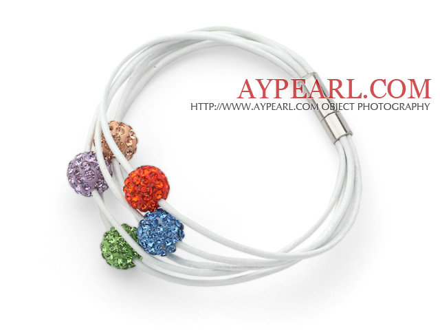 Multi Color Round 10mm Rhinestone Ball and White Leather Bracelet with Magnetic Clasp