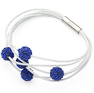 Wholesale Sapphire Blue Round 10mm Rhinestone Ball and White Leather Bracelet with Magnetic Clasp