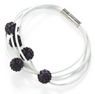 Dark Purple Round 10mm Rhinestone Ball and White Leather Bracelet with Magnetic Clasp