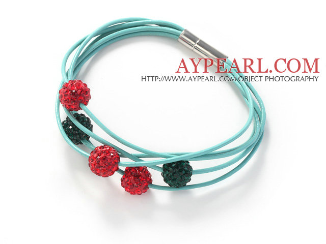 Red and Green Color Round 10mm Rhinestone Ball and Blue Leather Bracelet with Magnetic Clasp
