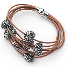 Silver Gray Color Heart Shape Rhinestone and Brown Leather Bracelet with Magnetic Clasp