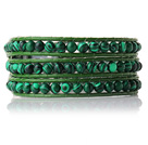 Newly Trendy Design Three Strands Round Malachite Beads Leather Bracelet