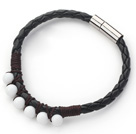 Wholesale 6mm White Porcelain Stone and Black Leather Bracelet with Magnetic Clasp