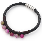 6mm Round Watermelon Chalcedony and Black Leather Bracelet with Magnetic Clasp