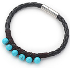 6mm Round Blue Turquoise and Black Leather Bracelet with Magnetic Clasp