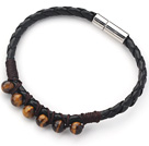 6mm Round Tiger Eye and Black Leather Bracelet with Magnetic Clasp