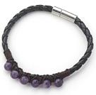 6mm Round Amethyst and Black Leather Bracelet with Magnetic Clasp