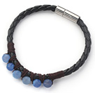 Wholesale 6mm Round Blue Agate and Black Leather Bracelet with Magnetic Clasp