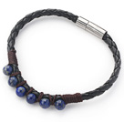6mm Round Lapis Beads and Black Leather Bracelet with Magnetic Clasp