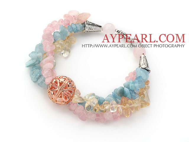 Assorted Aquamarine and Citrine and Rose Quartz Bracelet with Golden Rose Color Ball