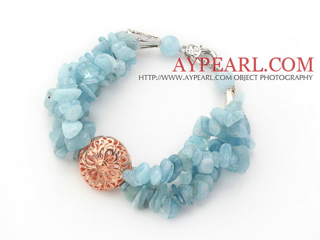 Light Blue Series Aquamarine Chips Bracelet with Golden Rose Color Ball