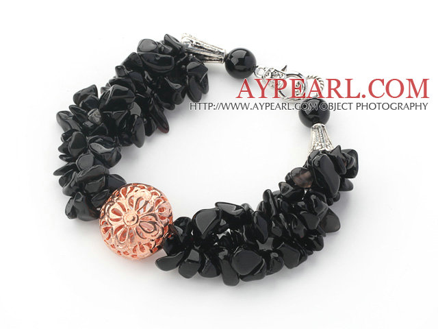 Black Series Black Agate Chips Bracelet with Golden Rose Color Ball