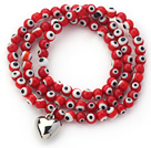Red Round Eye Shape Colored Glaze Three Times Wrap Bracelet with Metal Heart Accessory