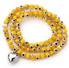 Yellow Round Eye Shape Colored Glaze Three Times Wrap Bracelet with Metal Heart Accessory