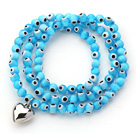Sky Blue Color Round Eye Shape Colored Glaze Three Times Wrap Bracelet with Metal Heart Accessory
