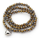 Dark Brown Round Eye Shape Colored Glaze Three Times Wrap Bracelet with Metal Heart Accessory