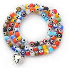 Multi Color Round Eye Shape Colored Glaze Three Times Wrap Bracelet with Metal Heart Accessory