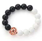 Wholesale Round Black Agate and White Porcelain Stone Stretch Bangle Bracelet with Golden Rose Color Ball